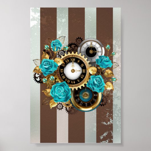 Steampunk Clock- en Turquoise-Rozen op gestreept Poster (Voorkant)