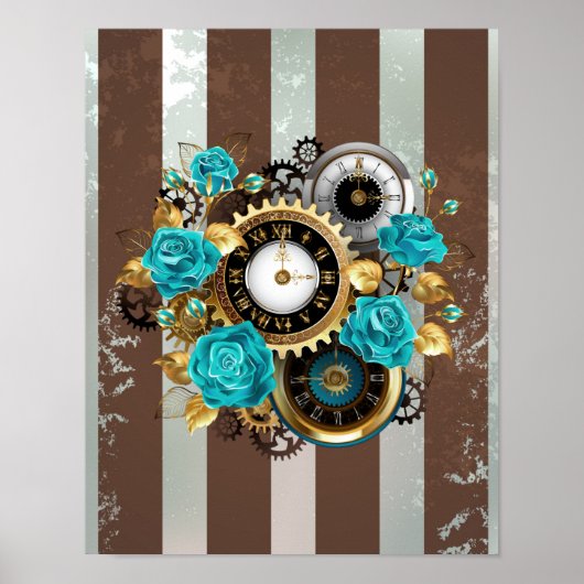 Steampunk Clock- en Turquoise-Rozen op gestreept Poster (Voorkant)