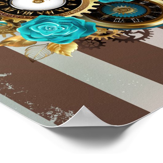 Steampunk Clock- en Turquoise-Rozen op gestreept Poster (Hoek)