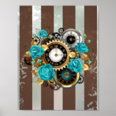 Steampunk Clock- en Turquoise-Rozen op gestreept Poster (Voorkant)