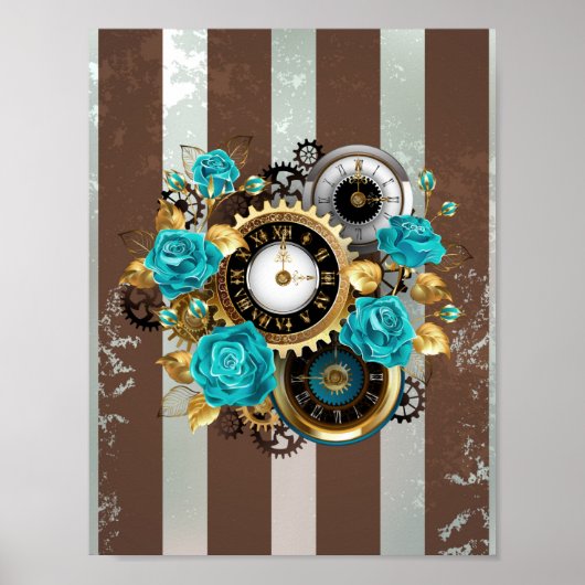 Steampunk Clock- en Turquoise-Rozen op gestreept Poster (Voorkant)