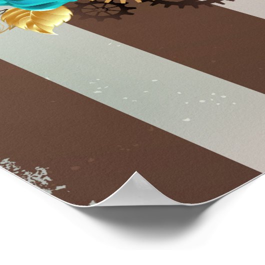 Steampunk Clock- en Turquoise-Rozen op gestreept Poster (Hoek)