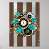 Steampunk Clock- en Turquoise-Rozen op gestreept Poster (Voorkant)