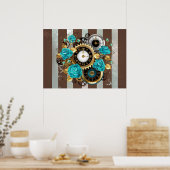 Steampunk Clock- en Turquoise-Rozen op gestreept Poster (Keuken)