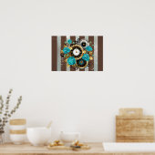 Steampunk Clock- en Turquoise-Rozen op gestreept Poster (Keuken)