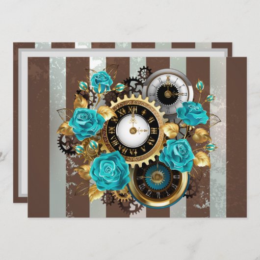 Steampunk Clock- en Turquoise-Rozen op gestreept Programmakaart (Voorkant / Achterkant)