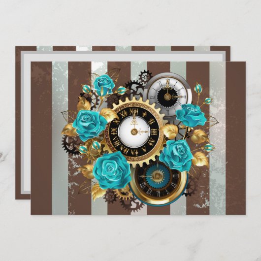 Steampunk Clock- en Turquoise-Rozen op gestreept Programmakaart (Voorkant / Achterkant)