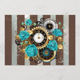 Steampunk Clock- en Turquoise-Rozen op gestreept Programmakaart