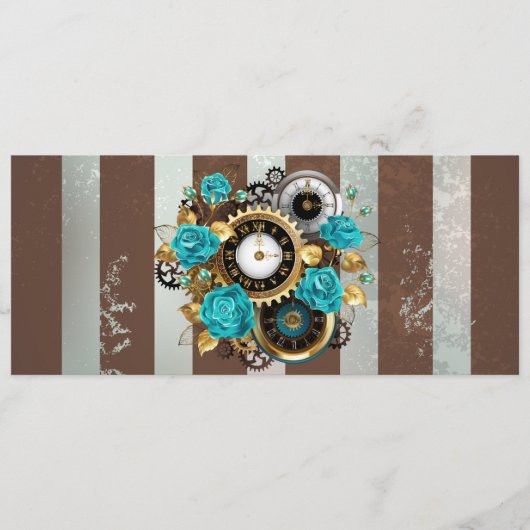 Steampunk Clock- en Turquoise-Rozen op gestreept Programmakaart (Voorkant)