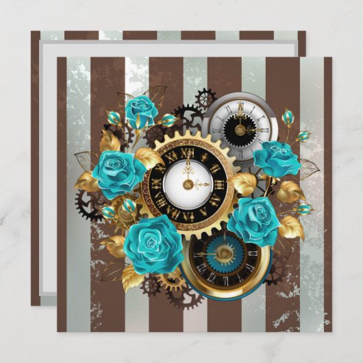 Steampunk Clock- en Turquoise-Rozen op gestreept Programmakaart (Voorkant / Achterkant)