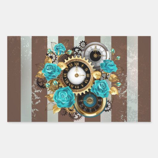 Steampunk Clock- en Turquoise-Rozen op gestreept Rechthoekige Sticker (Voorkant)