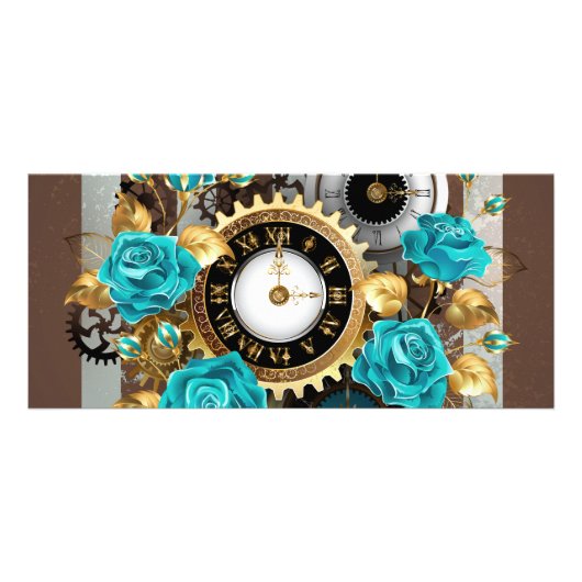 Steampunk Clock- en Turquoise-Rozen op gestreept Reclamekaart (Voorkant)
