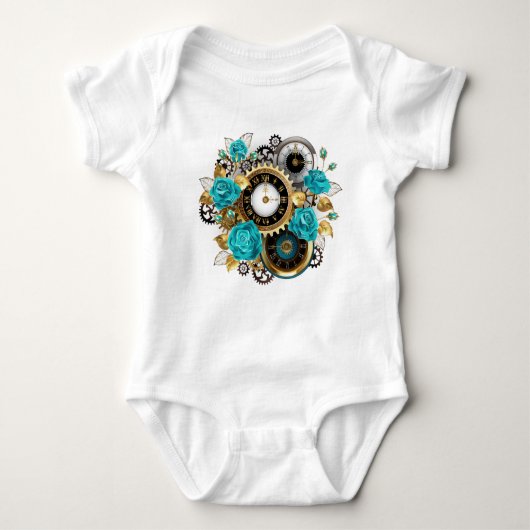 Steampunk Clock- en Turquoise-Rozen op gestreept Romper (Voorkant)