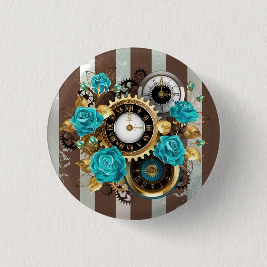 Steampunk Clock- en Turquoise-Rozen op gestreept Ronde Button 3,2 Cm (Voorkant)