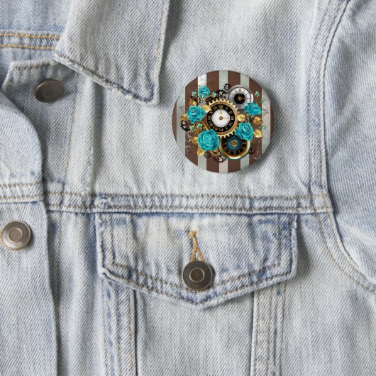 Steampunk Clock- en Turquoise-Rozen op gestreept Ronde Button 5,7 Cm (In situ)