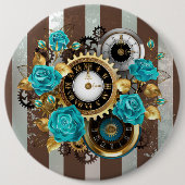Steampunk Clock- en Turquoise-Rozen op gestreept Ronde Button 6,0 Cm (Voorkant)