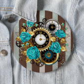 Steampunk Clock- en Turquoise-Rozen op gestreept Ronde Button 6,0 Cm (In situ)