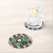 Steampunk Clock- en Turquoise-Rozen op gestreept Ronde Kartonnen Onderzetter (Insitu)