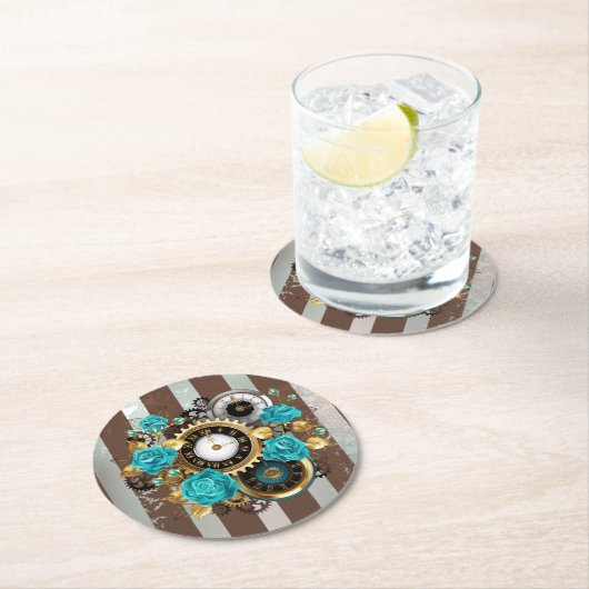 Steampunk Clock- en Turquoise-Rozen op gestreept Ronde Kartonnen Onderzetter (Insitu)
