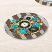 Steampunk Clock- en Turquoise-Rozen op gestreept Ronde Kartonnen Onderzetter (Gebogen)