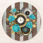Steampunk Clock- en Turquoise-Rozen op gestreept Ronde Kartonnen Onderzetter (Voorkant)