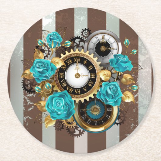Steampunk Clock- en Turquoise-Rozen op gestreept Ronde Kartonnen Onderzetter (Voorkant)