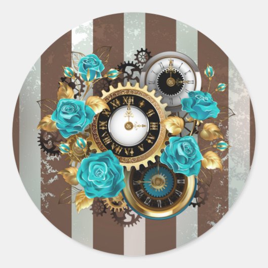 Steampunk Clock- en Turquoise-Rozen op gestreept Ronde Sticker (Voorkant)