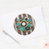 Steampunk Clock- en Turquoise-Rozen op gestreept Ronde Sticker (Envelop)