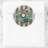 Steampunk Clock- en Turquoise-Rozen op gestreept Ronde Sticker (Tas)