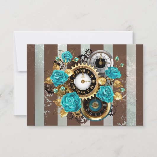Steampunk Clock- en Turquoise-Rozen op gestreept RSVP Kaartje (Voorkant)
