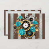 Steampunk Clock- en Turquoise-Rozen op gestreept RSVP Kaartje (Voorkant / Achterkant)
