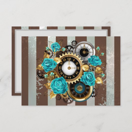 Steampunk Clock- en Turquoise-Rozen op gestreept RSVP Kaartje (Voorkant / Achterkant)