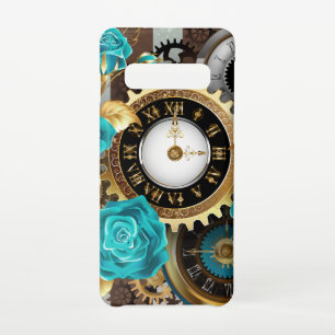 Steampunk Clock- en Turquoise-Rozen op gestreept Samsung Galaxy S10 Hoesje