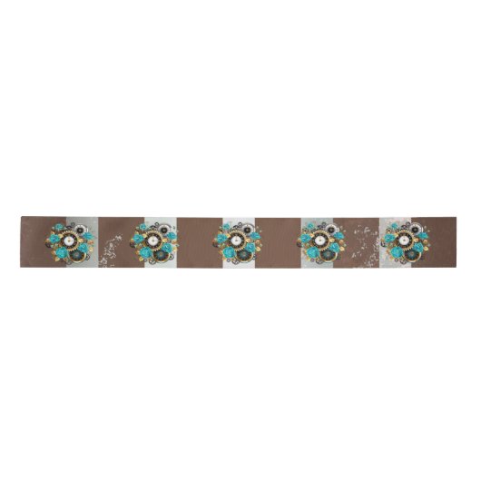 Steampunk Clock- en Turquoise-Rozen op gestreept Satijnen Lint (Voorkant)