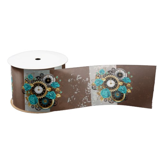 Steampunk Clock- en Turquoise-Rozen op gestreept Satijnen Lint (Spoel)