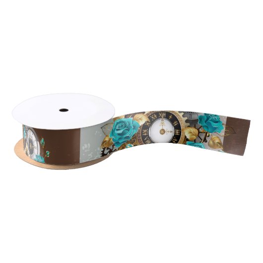 Steampunk Clock- en Turquoise-Rozen op gestreept Satijnen Lint (Spoel)