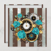 Steampunk Clock- en Turquoise-Rozen op gestreept Save The Date (Voorkant / Achterkant)
