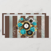 Steampunk Clock- en Turquoise-Rozen op gestreept Save The Date (Voorkant / Achterkant)