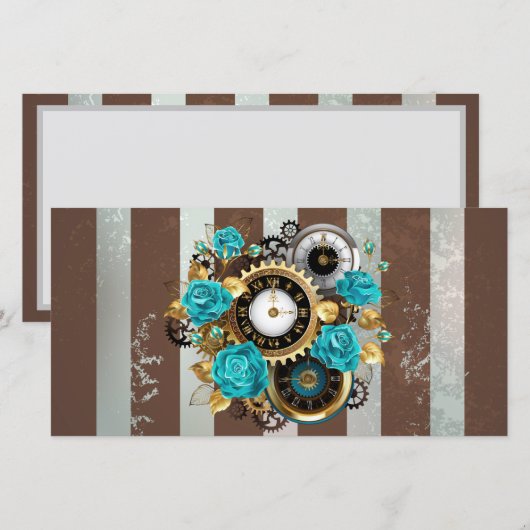Steampunk Clock- en Turquoise-Rozen op gestreept Save The Date (Voorkant / Achterkant)