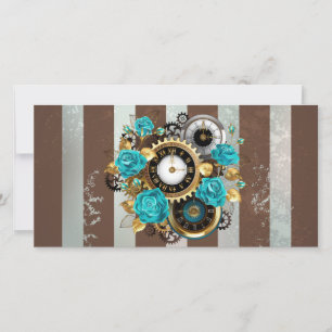 Steampunk Clock- en Turquoise-Rozen op gestreept Save The Date