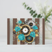 Steampunk Clock- en Turquoise-Rozen op gestreept Save The Date (Staand voorkant)