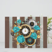 Steampunk Clock- en Turquoise-Rozen op gestreept Save The Date (Staand voorkant)
