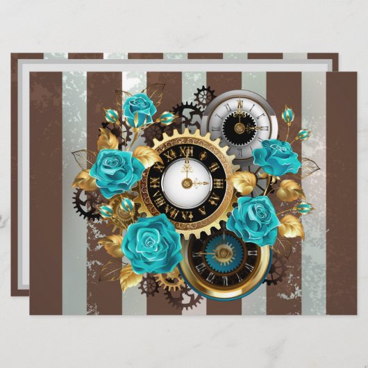 Steampunk Clock- en Turquoise-Rozen op gestreept Save The Date (Voorkant / Achterkant)