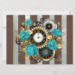 Steampunk Clock- en Turquoise-Rozen op gestreept Save The Date