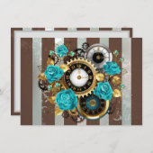 Steampunk Clock- en Turquoise-Rozen op gestreept Save The Date (Voorkant / Achterkant)