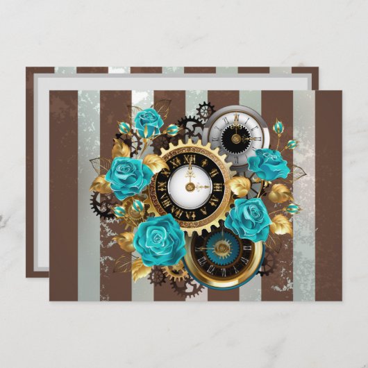 Steampunk Clock- en Turquoise-Rozen op gestreept Save The Date (Voorkant / Achterkant)