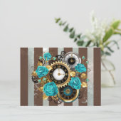 Steampunk Clock- en Turquoise-Rozen op gestreept Save The Date (Staand voorkant)