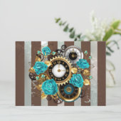 Steampunk Clock- en Turquoise-Rozen op gestreept Save The Date (Staand voorkant)