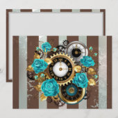 Steampunk Clock- en Turquoise-Rozen op gestreept Save The Date (Voorkant / Achterkant)