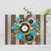 Steampunk Clock- en Turquoise-Rozen op gestreept Save The Date (Staand voorkant)